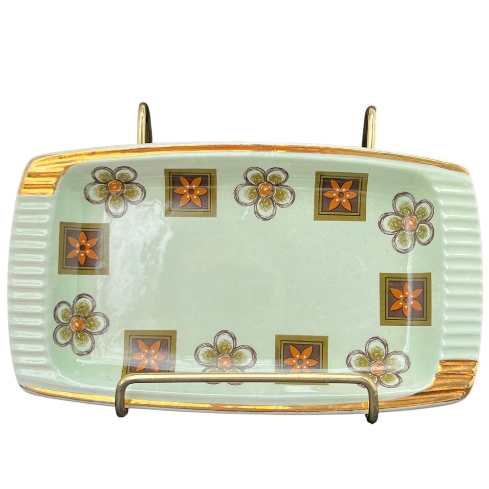 Trinket Dish Royal Winton Grimwades Sage‎ Green Floral Gold Mid Century Ceramic